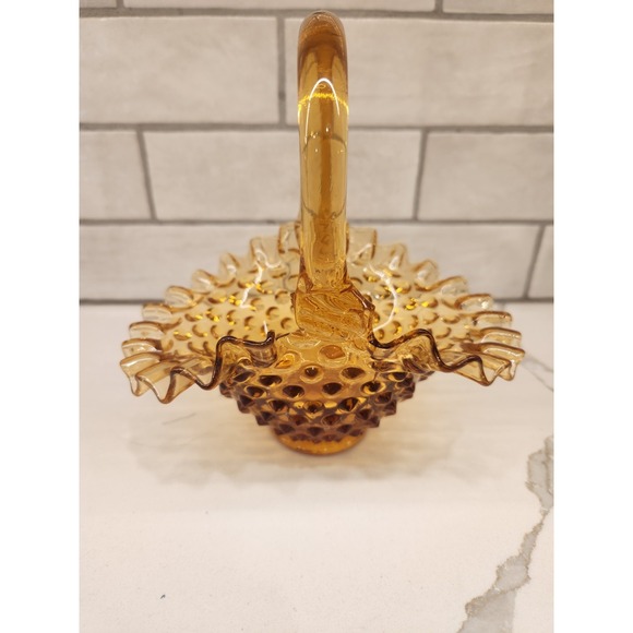 Fenton Other - Fenton Vintage Amber Hobnail Glass Basket Ruffled Crimped Edges